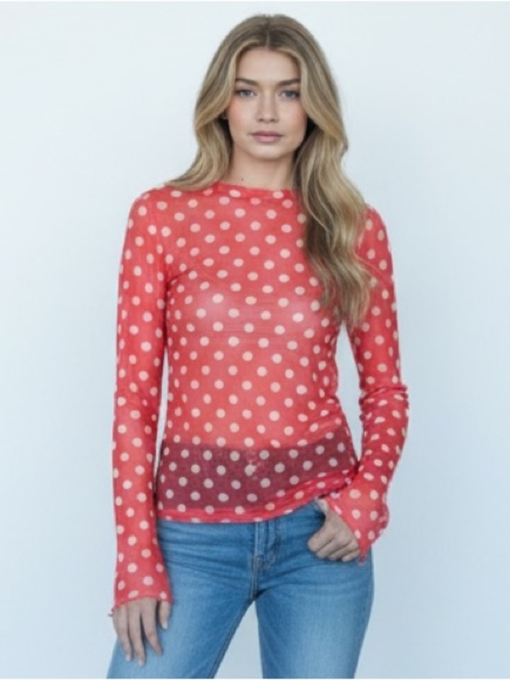 527. Polka dot sheer long sleeve top in pink and white